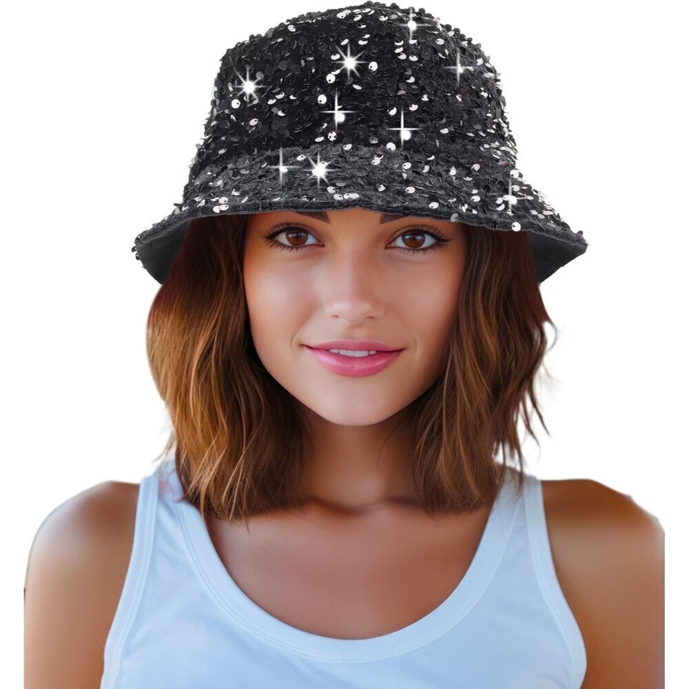 Women's Black Shiny Glitter Sequin Bucket Hat Beach Sun Hats For Party